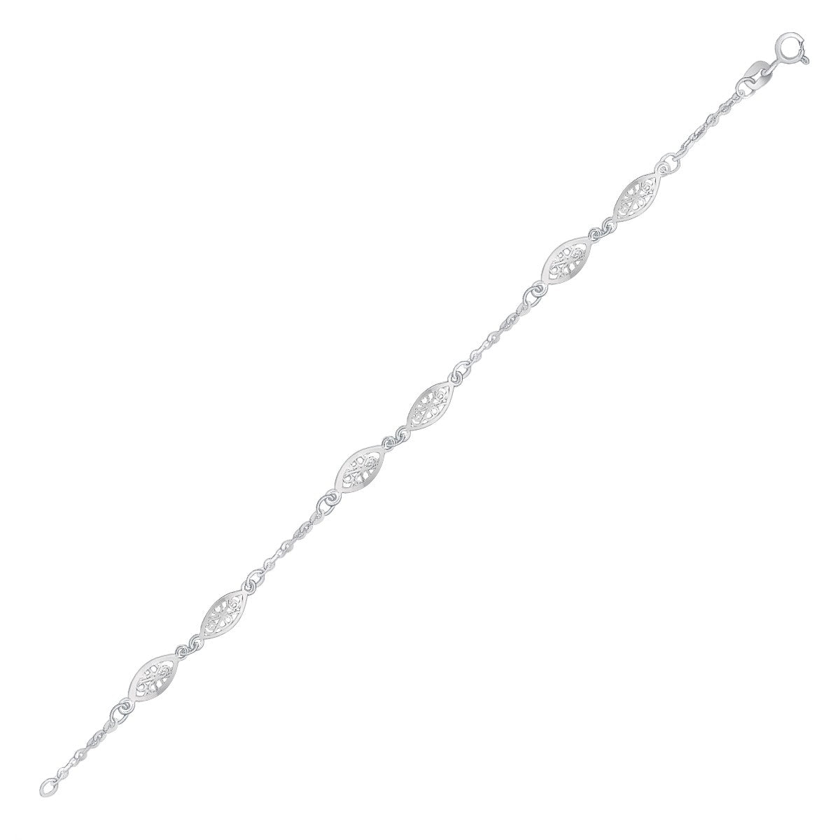 14k White Gold Filigree Marquise Stationed Anklet