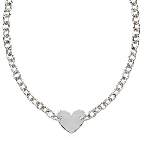 Sterling Silver Rhodium Plated Chain Bracelet with a Flat Heart Motif Station