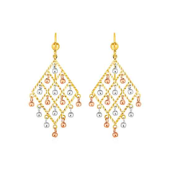 Textured Chandelier Earrings with Ball Drops in 14k Tri Color Gold