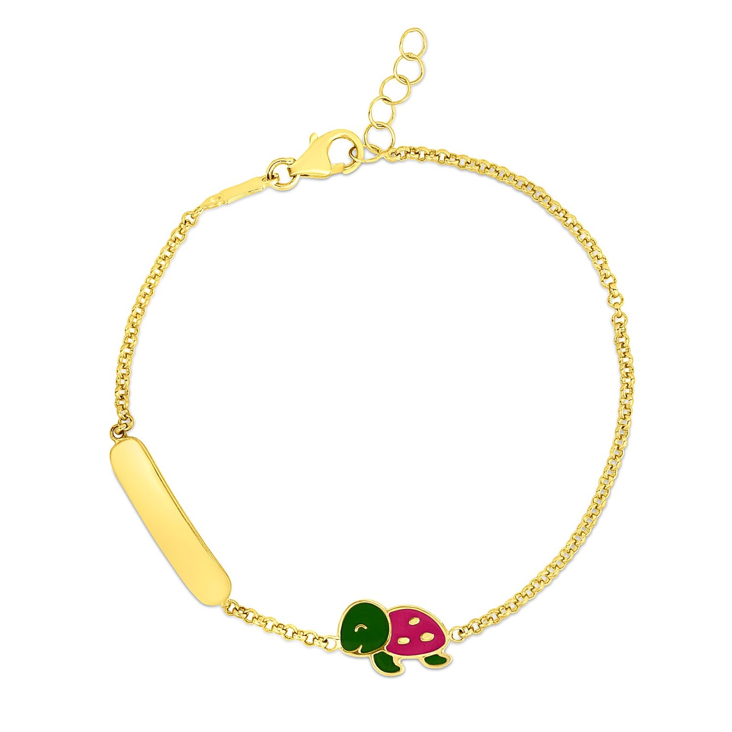 14k Yellow Gold Childrens Bracelet with Bar and Enameled Turtle