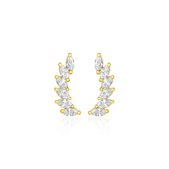 14k Yellow Gold Leaf Motif Climber Post Earrings with Marquise Cubic Zirconias