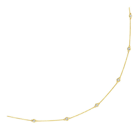 14k Yellow Gold Station Necklace with Round Diamonds