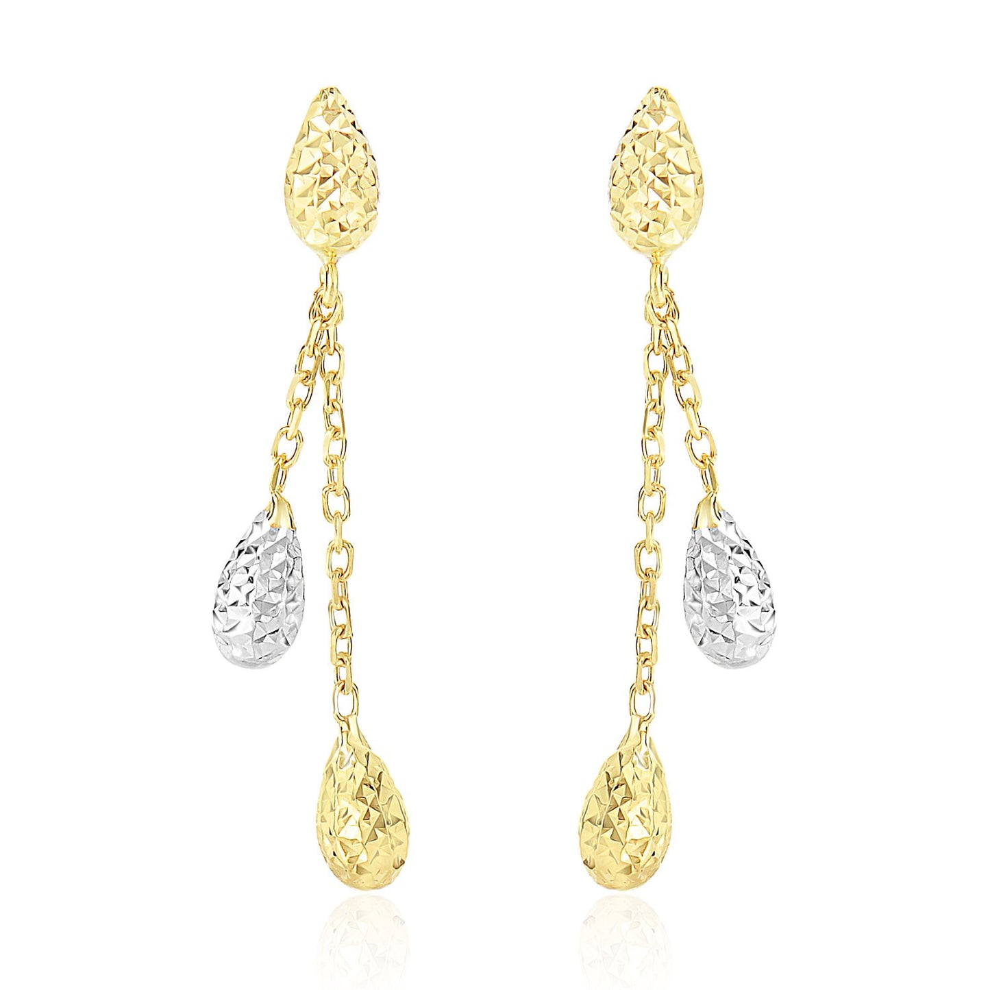 14k Two-Tone Gold Double Row Chain Earrings with Diamond Cut Teardrops