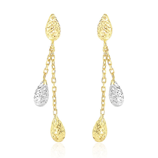 14k Two-Tone Gold Double Row Chain Earrings with Diamond Cut Teardrops