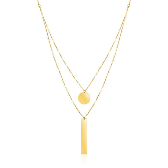 14k Yellow Gold 18 inch Two Strand Necklace with Circle and Bar Pendants