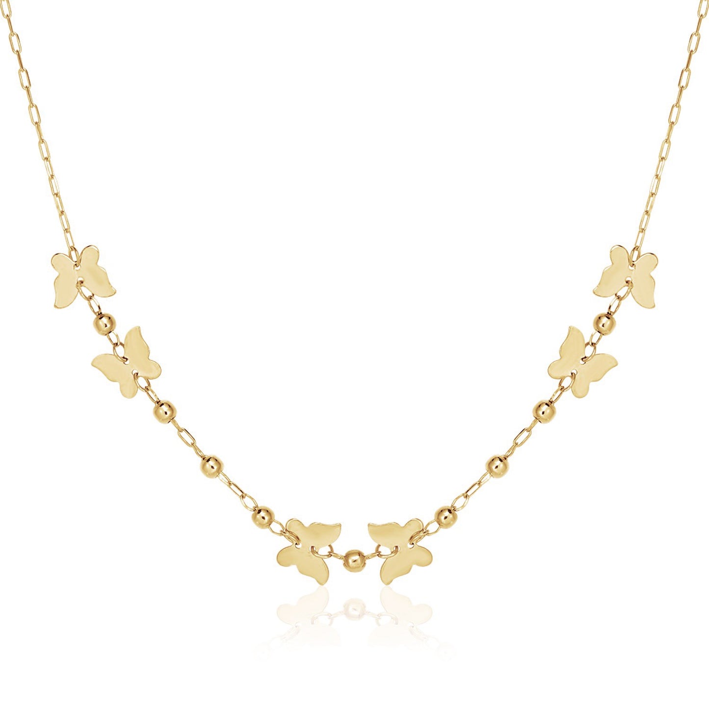 14k Yellow Gold 18 inch Necklace with Polished Butterflies and Beads