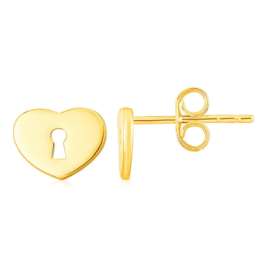 14k Yellow Gold Heart Padlock Stud Earrings