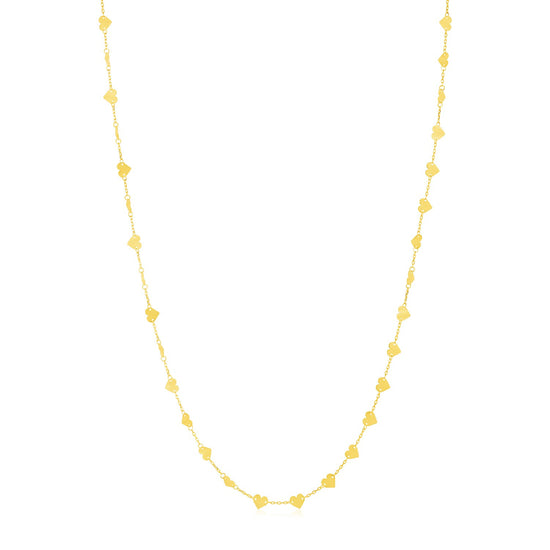 14k Yellow Gold Long Mirrored Heart Chain Station Necklace