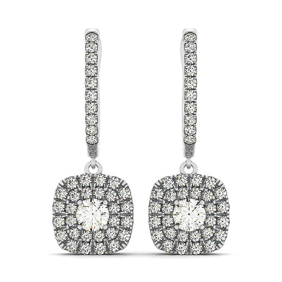 14k White Gold Double Halo Cushion Outer Shaped Diamond  Earrings (3/4 cttw)