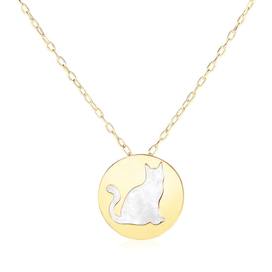 14k Yellow Gold Necklace with Cat Symbol in Mother of Pearl