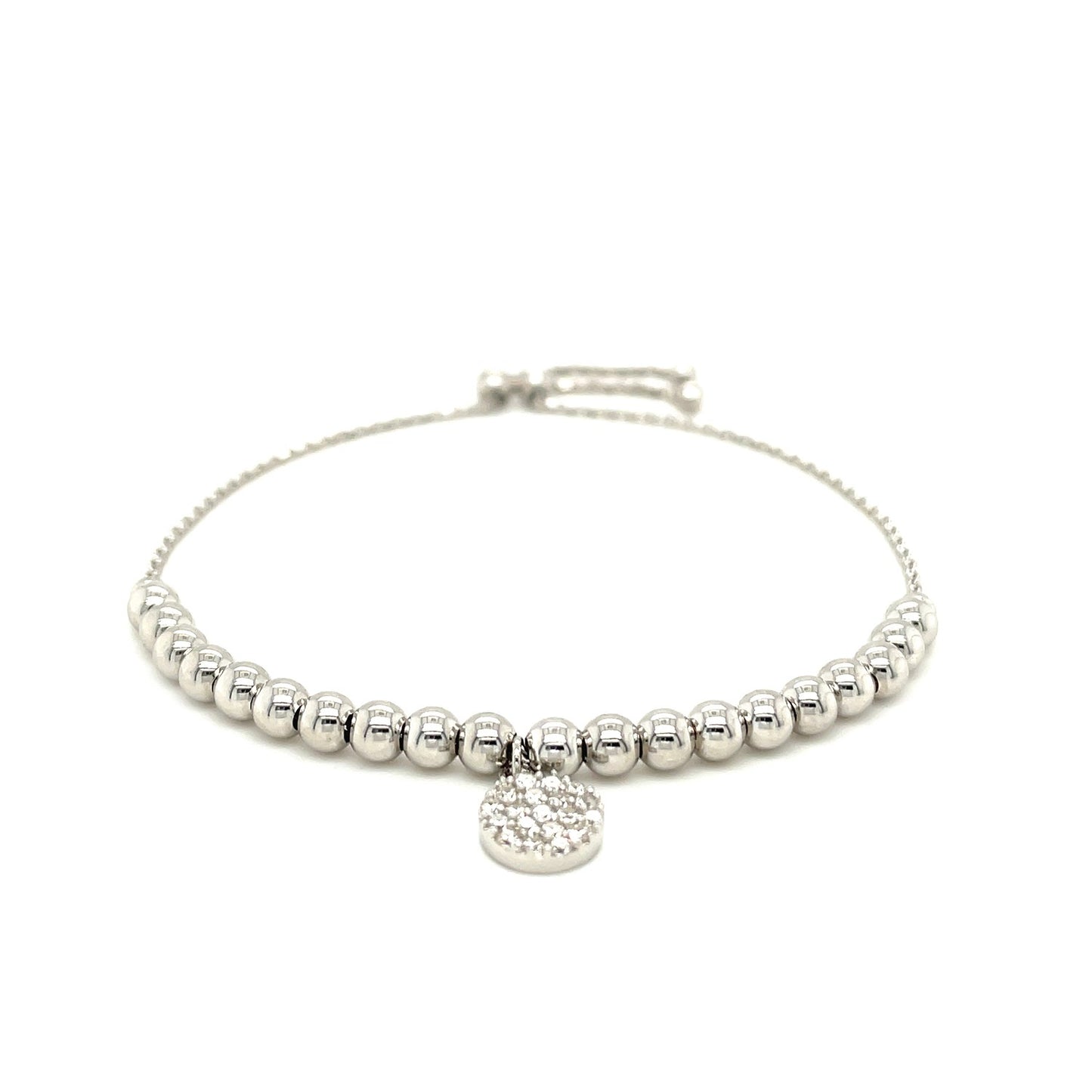 Adjustable Bead Bracelet with Round Charm and Cubic Zirconias in Sterling Silver