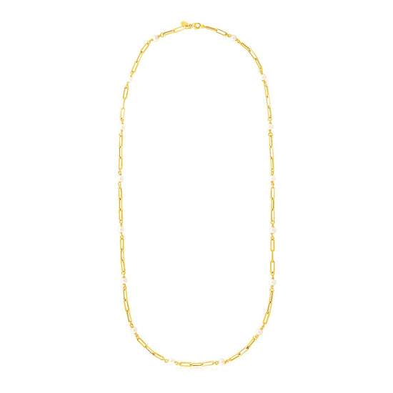 14k Yellow Gold Paperclip Chain and Pearl Necklace