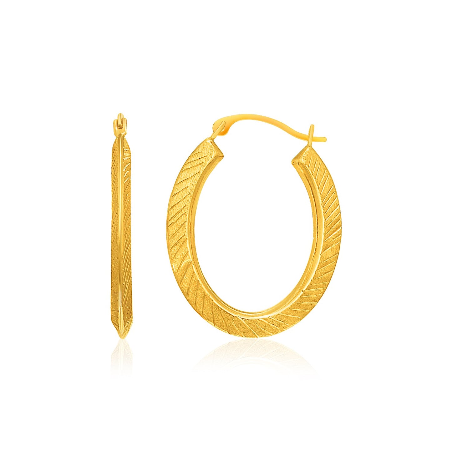 10k Yellow Gold Oval Line Texture Hoop Earrings