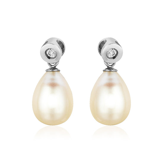 Sterling Silver Earrings with Pear Shaped Freshwater Pearls and Cubic Zirconias