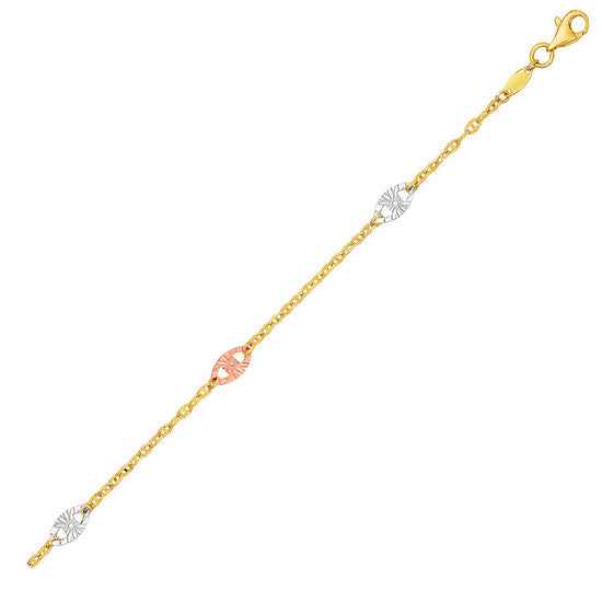 14k Three-Toned Yellow   White   and Rose Gold Anklet with Textured Ovals