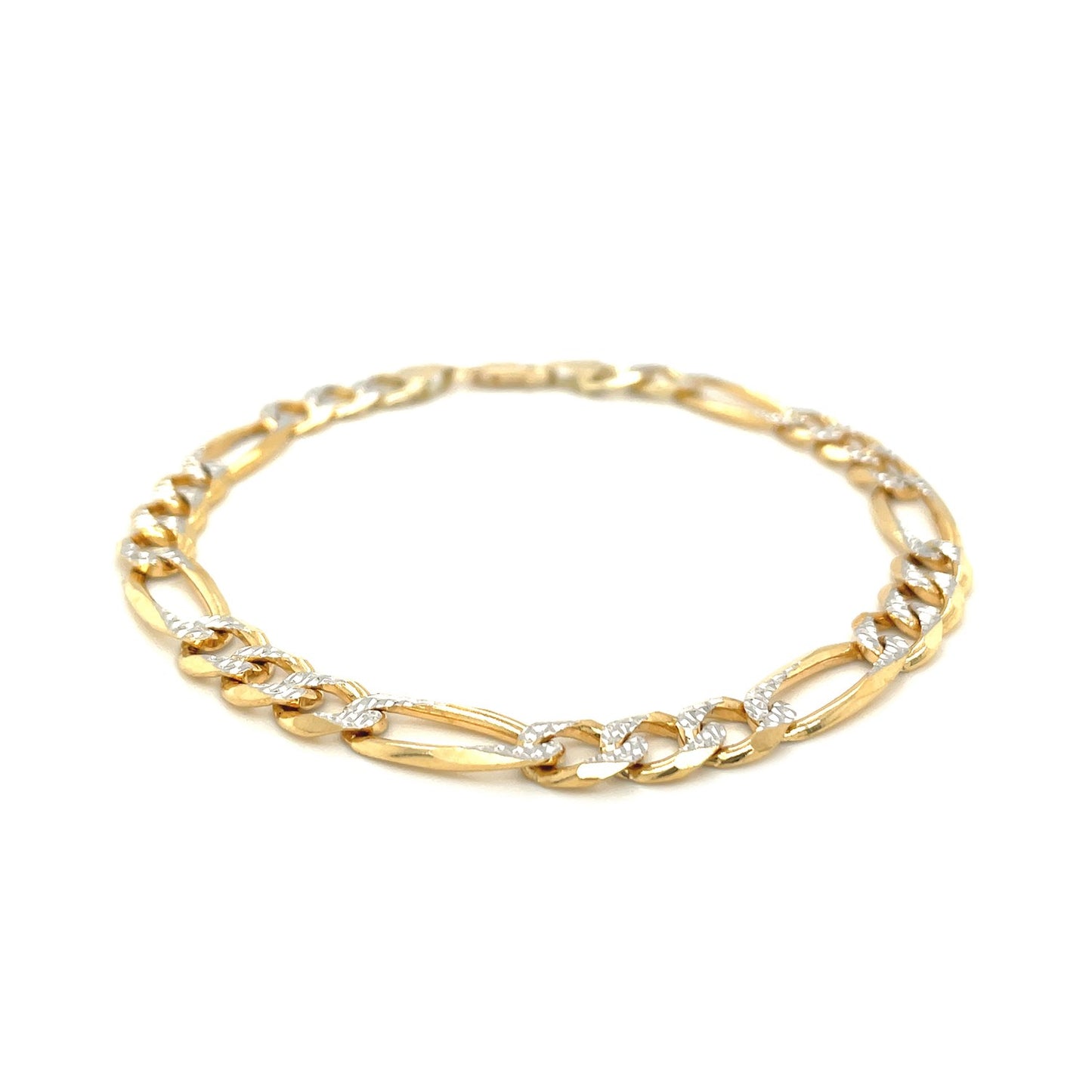 7.0mm 14K Yellow Two Tone Solid Pave Figaro Bracelet