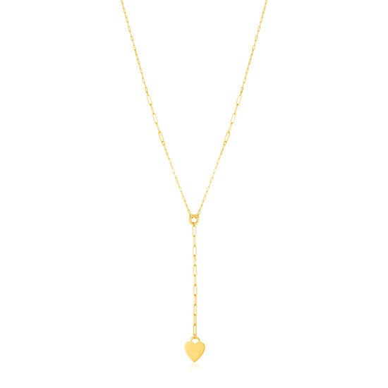 14k Yellow Gold Paperclip Chain Lariat Necklace with Heart