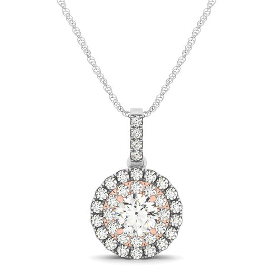 Round Shape Halo Diamond Pendant in 14k White and Rose Gold (1/2 cttw)